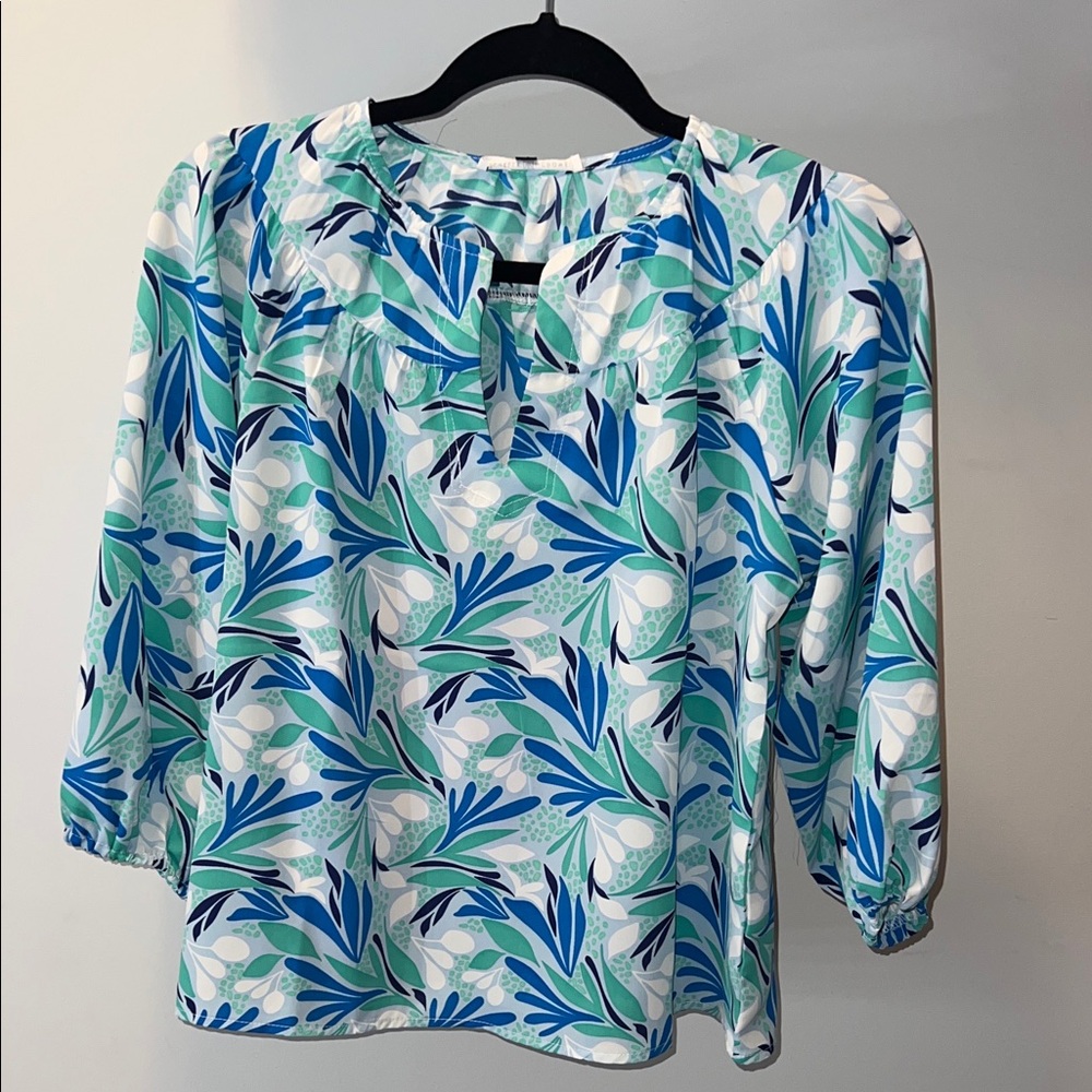Michelle McDowell Elegant Blue and Green Leaf Print Blouse